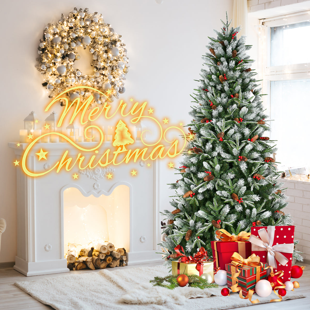 Pine cone and berry Christmas tree beside holiday gifts