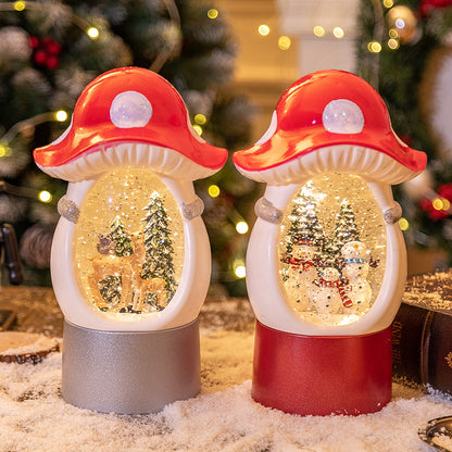 Mushroom snow globes with deer and snowman scenes