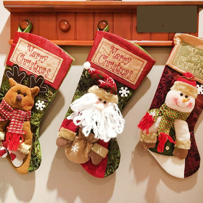 Reindeer, Santa and snowman stockings displayed together