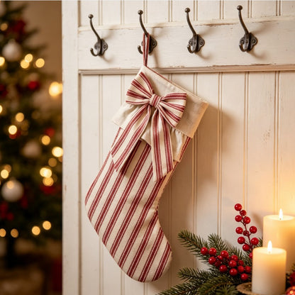 Striped stocking beside Christmas decorations
