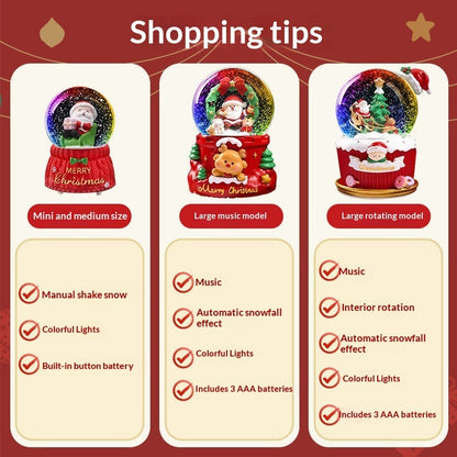 Chart comparing snow globe styles and features