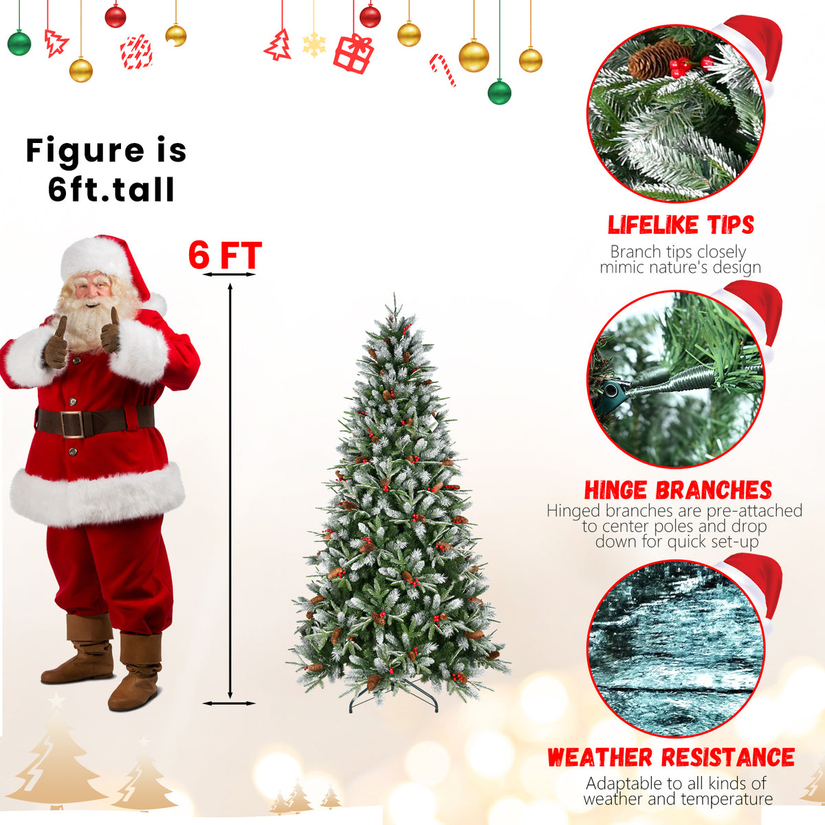 6 ft pine cone and berry Christmas tree size illustration