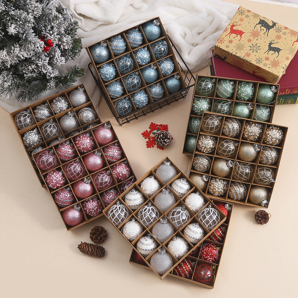 Boxed patterned Christmas baubles in several color themes