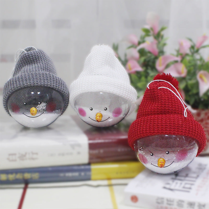 Snowman ball ornaments with gray, white and red hats