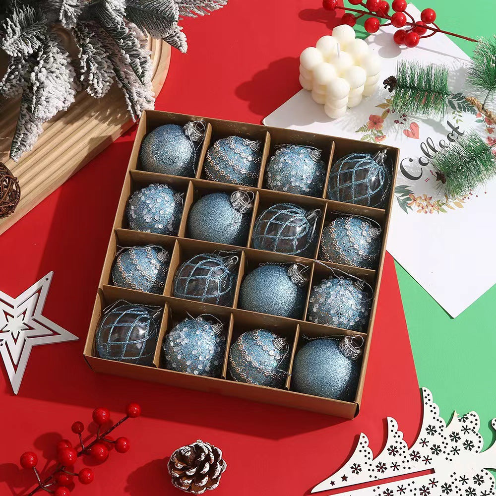 Blue Christmas ornaments in a holiday display