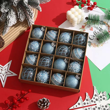 Blue Christmas ornaments in a holiday display