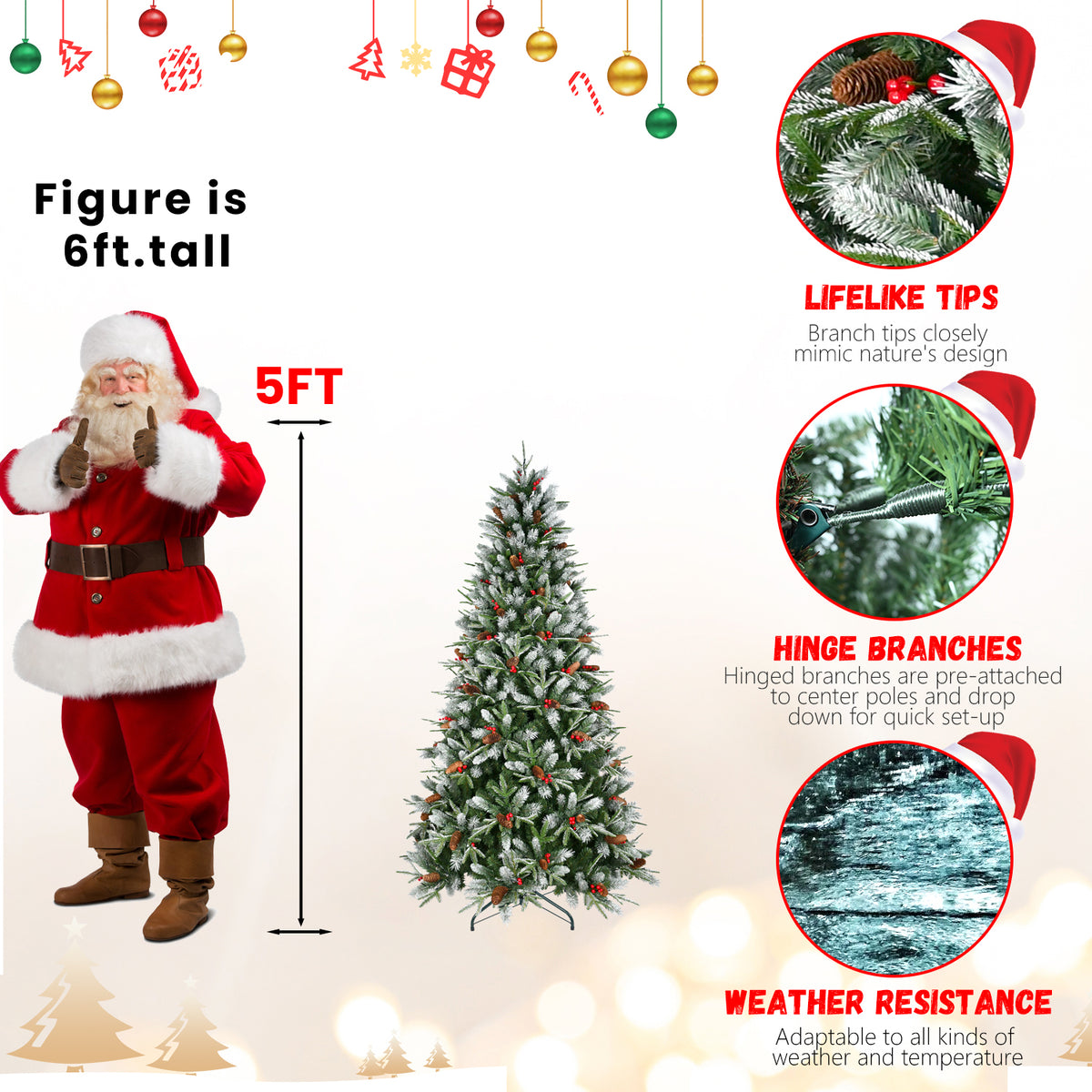 5 ft pine cone and berry Christmas tree size illustration