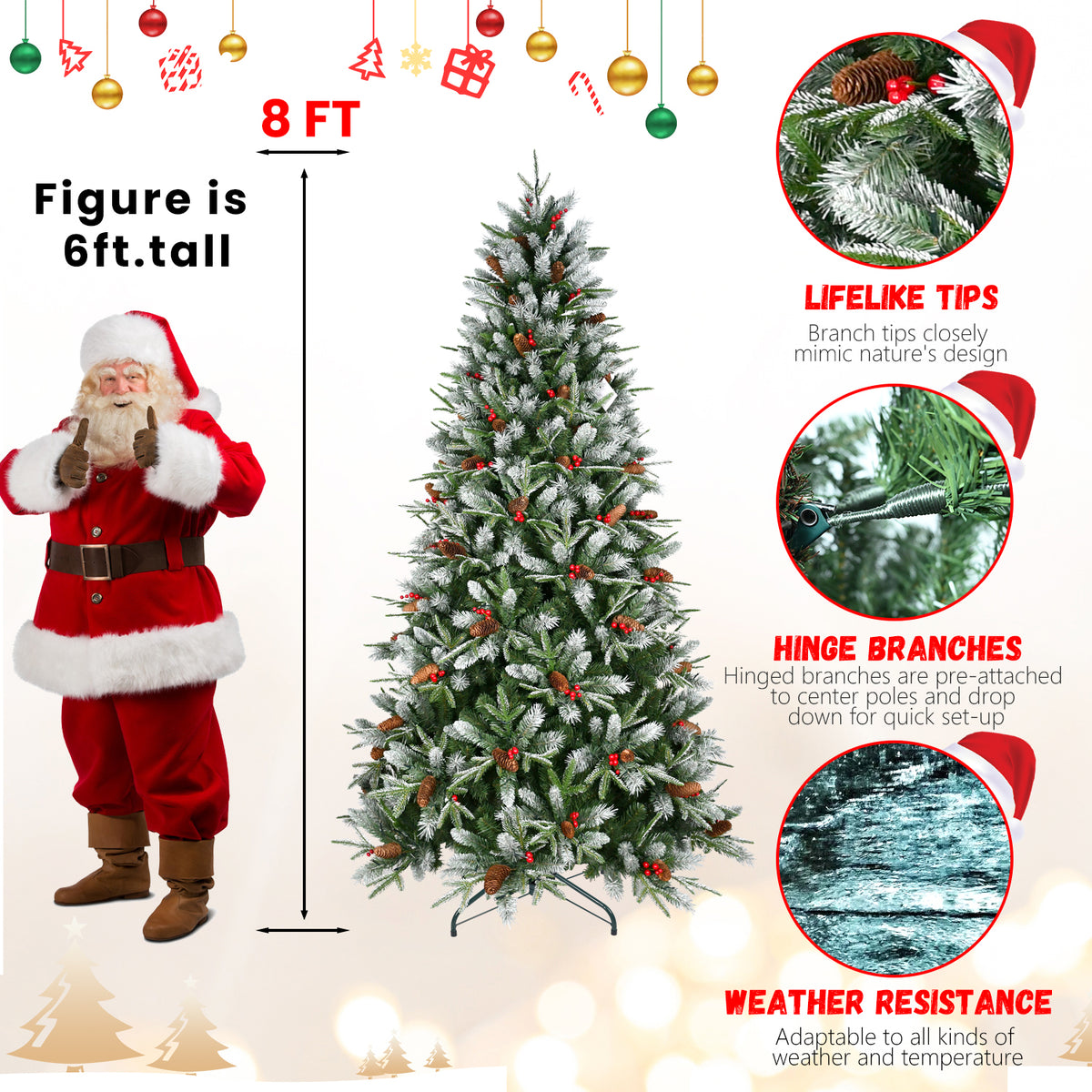 8 ft pine cone and berry Christmas tree size illustration