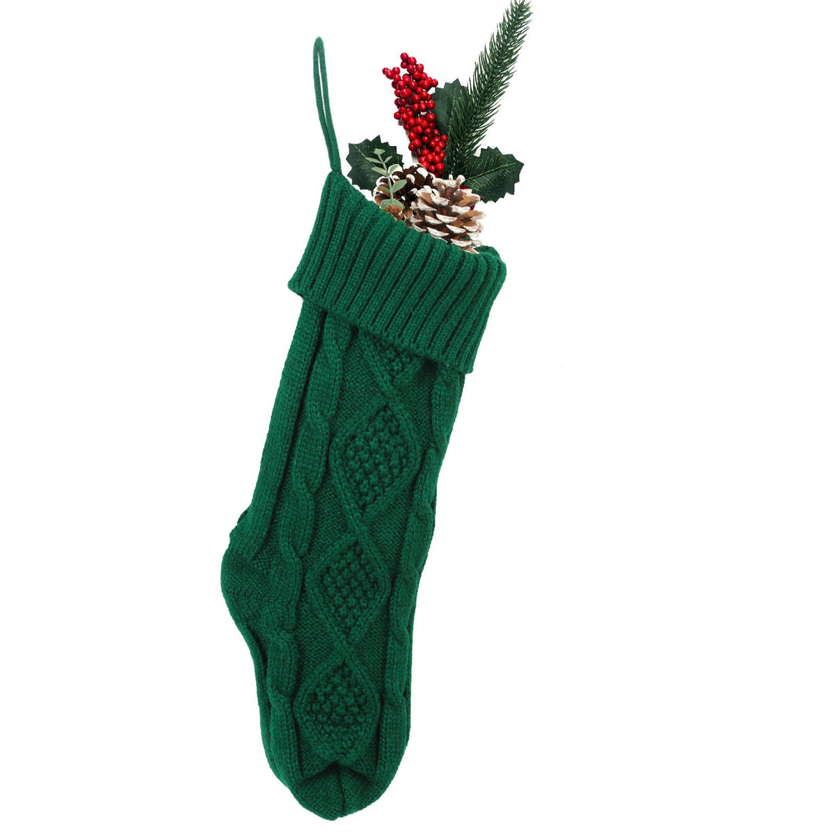 Green cable-knit Christmas stocking