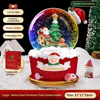 Large Santa and Christmas tree snow globe size illustration