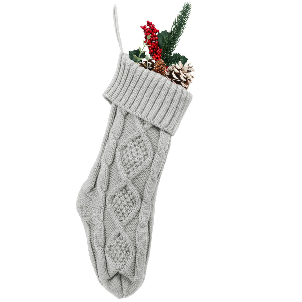 Gray cable-knit Christmas stocking
