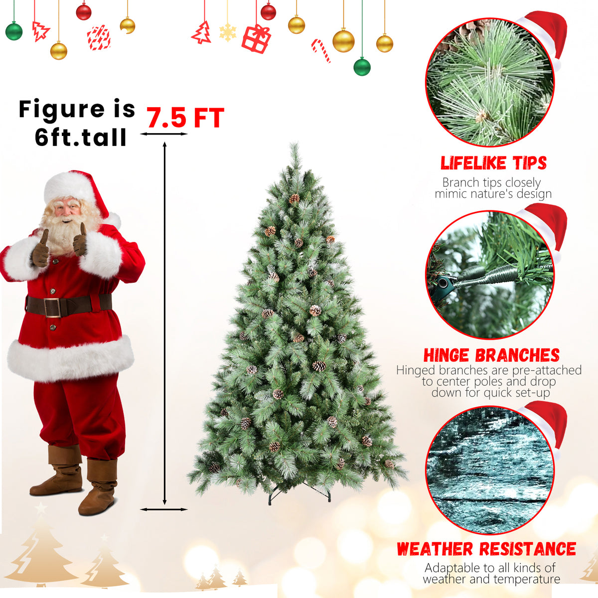 7.5 ft pine cone Christmas tree size illustration