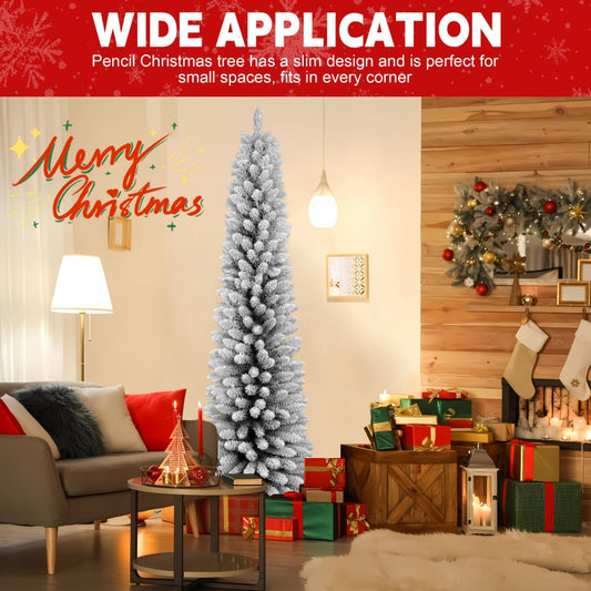 Slim snow-flocked Christmas tree in a decorated room