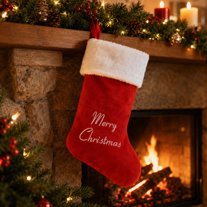 Red Christmas stocking in a festive mantel display