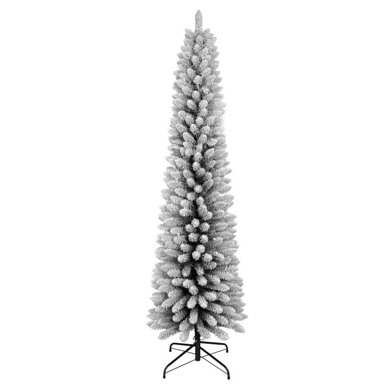 Slim snow-flocked tree on a white background
