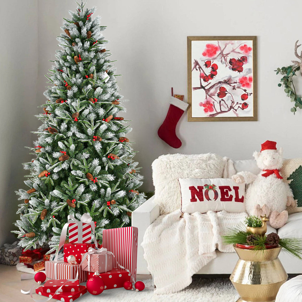 Christmas tree with pine cone and red berry accents in a room