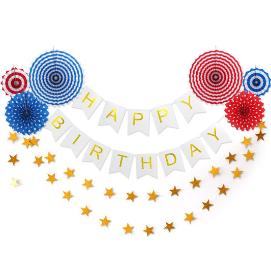 Supplier image for Set A with paper fans, Happy Birthday banner and star garland
