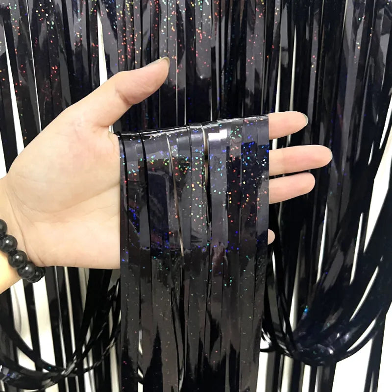 Black reflective fringe curtain, supplier close-up