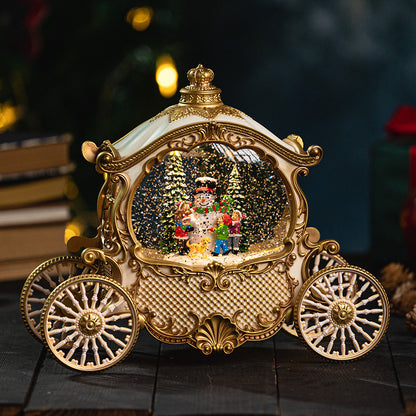 Dark green carriage snow globe on black background