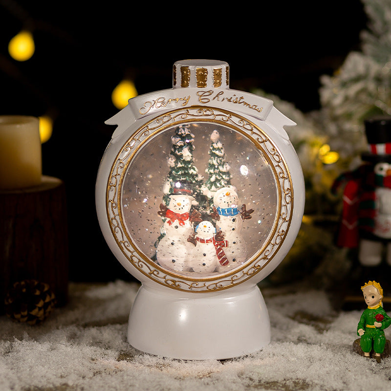 Close view of white snowman snow globe