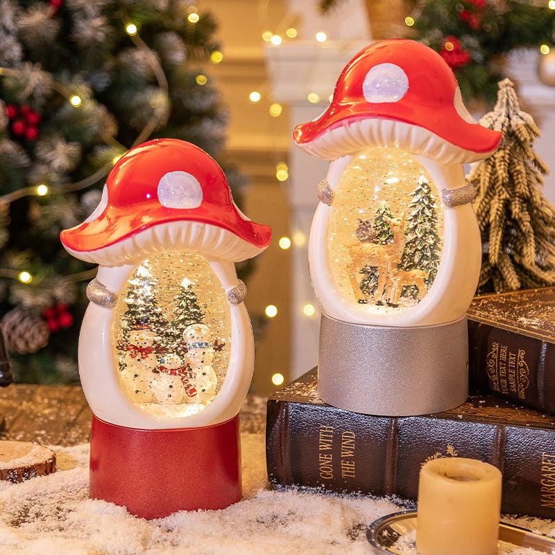 Mushroom Christmas snow globes beside a decorated tree
