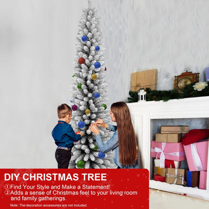 Decorated snow-flocked pencil tree in a family room