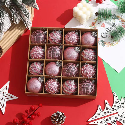 Pink Christmas ornaments in a divided box