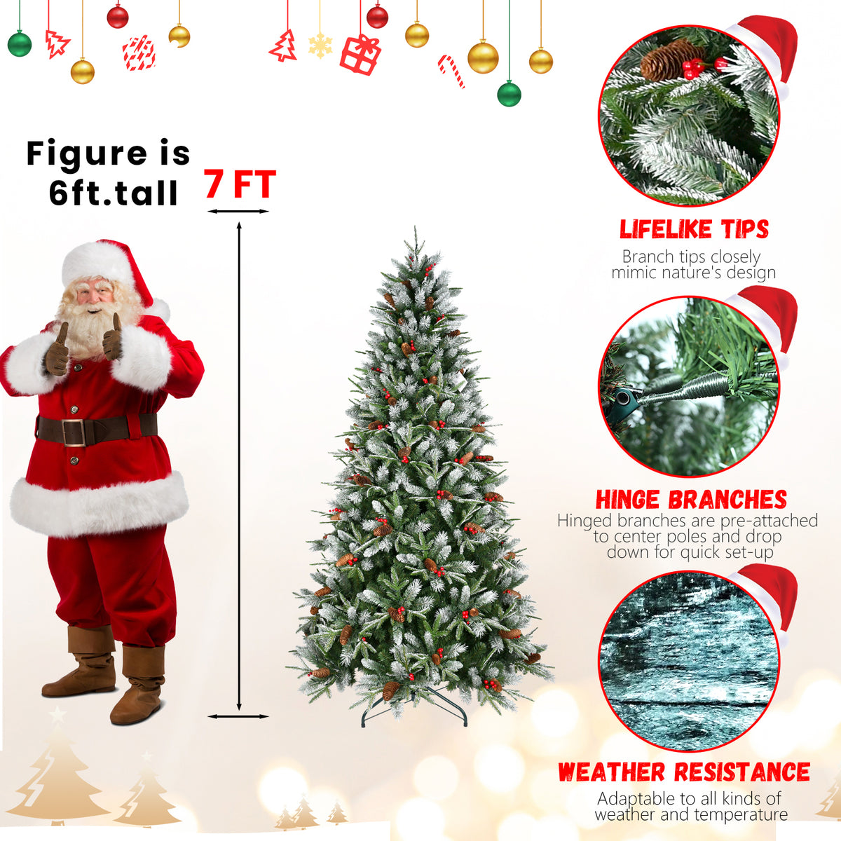 7 ft pine cone and berry Christmas tree size illustration
