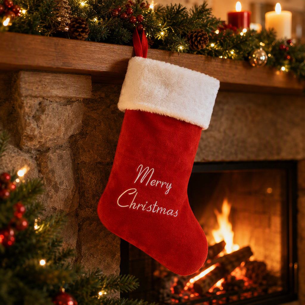 Red stocking hanging beside holiday greenery