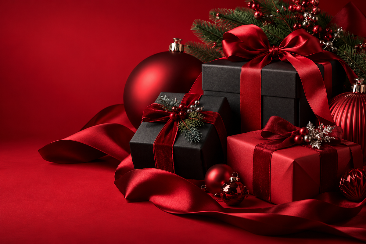 Christmas inspiration with red ribbon, wrapped gifts and ornaments